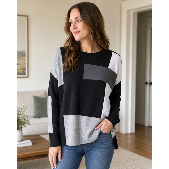 PLANET by Lauren G Sweaters - PLANET by Lauren G Colorblock Sweater Womens One Size Black Grey White Lagenlook